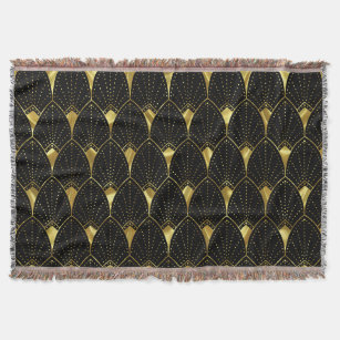 Shiny Gold Art Deco Pattern On Black Background Throw Blanket