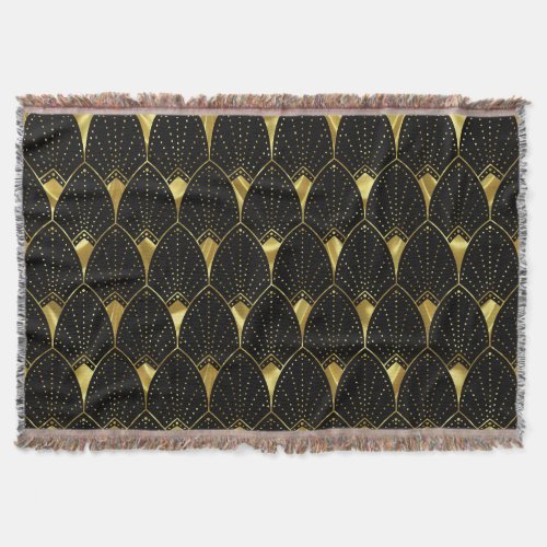 Shiny Gold Art Deco Pattern On Black Background Throw Blanket