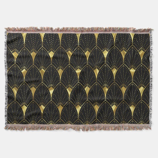 Shiny Gold Art Deco Pattern On Black Background Throw Blanket (Front)