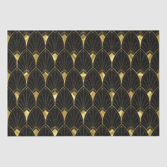 Shiny Gold Art Deco Pattern On Black Tissue Paper (Front)
