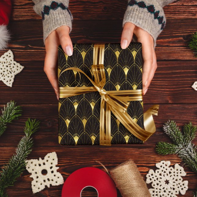 Shiny Gold Art Deco Pattern On Black Wrapping Paper (Creator Uploaded)