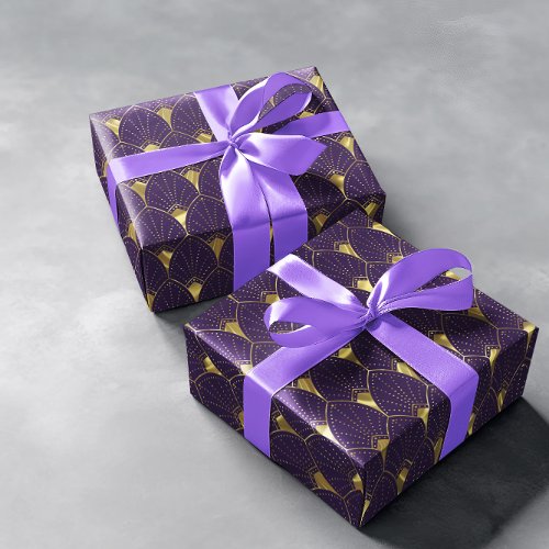Shiny Gold Art Deco Pattern On Deep Purple Wrapping Paper