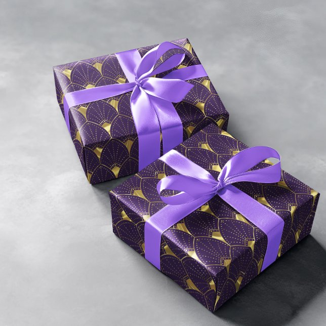 Shiny Gold Art Deco Pattern On Deep Purple Wrapping Paper (Creator Uploaded)