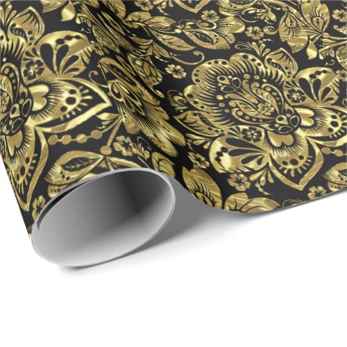 Shiny Gold Baroque Floral Damasks On White Wrapping Paper