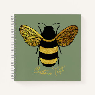 SHINY GOLD BLACK STRIPED BUMBLEBEE SAGE GREEN BEE NOTEBOOK