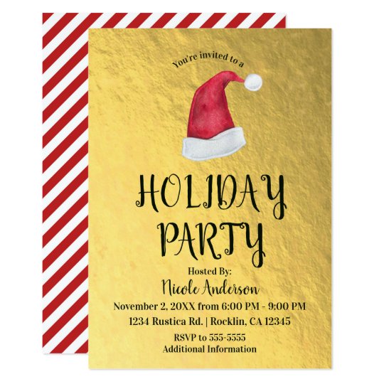 Shiny Gold Christmas Holiday Party Red Santa Hat Invitation | Zazzle.com