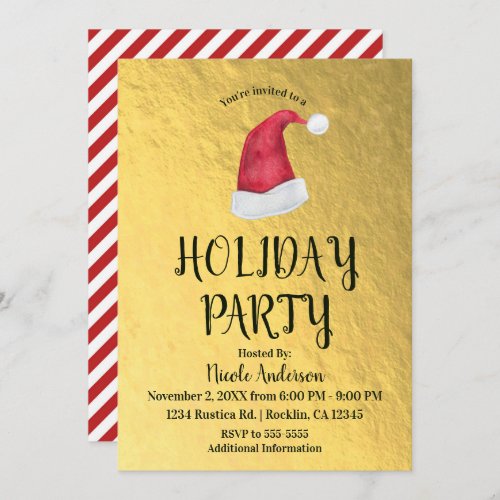 Shiny Gold Christmas Holiday Party Red Santa Hat Invitation