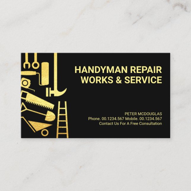 Shiny Gold Construction Handyman Tools  Business Card (Front)