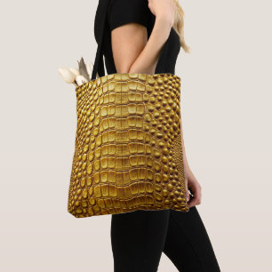 shiny Gold Crocodile Alligator Faux Leather Print Tote Bag
