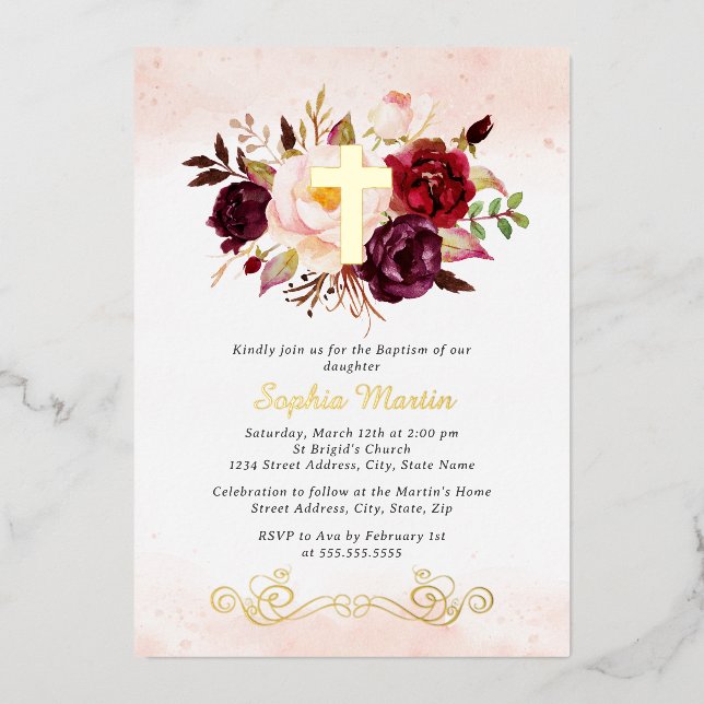 Shiny Gold Cross Floral Burgundy Baptism Foil Invitation (Front)