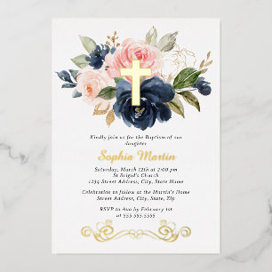 Shiny Gold Cross Floral Girl Pink Navy Baptism Foil Invitation
