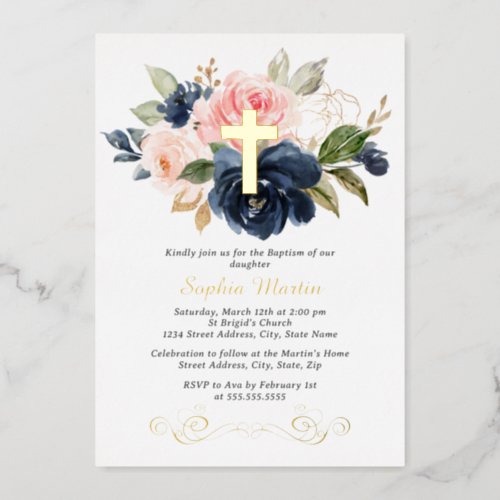 Shiny Gold Cross Floral Girl Pink Navy Baptism  Foil Invitation