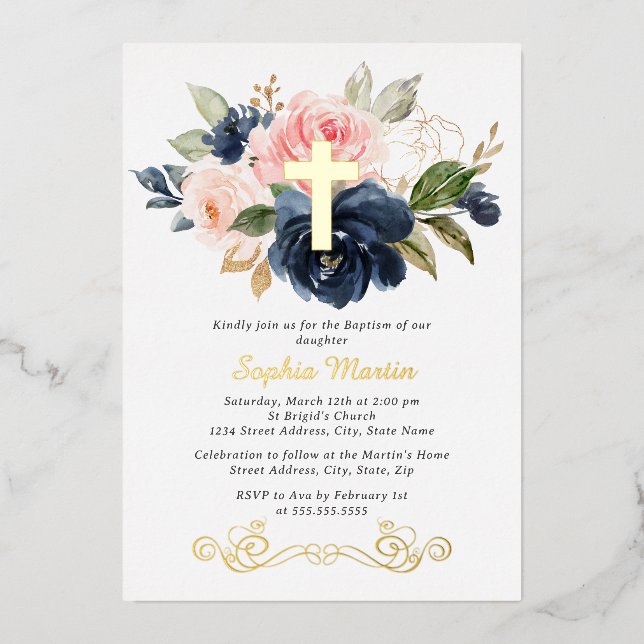 Shiny Gold Cross Floral Girl Pink Navy Baptism  Foil Invitation (Front)