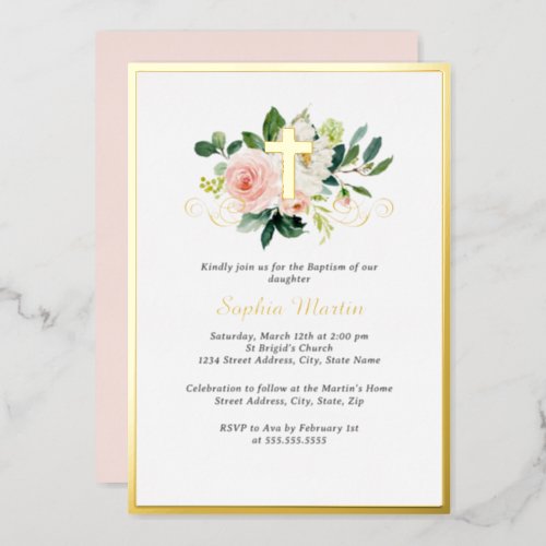 Shiny Gold Cross Pink Floral Baptism Foil Invitation