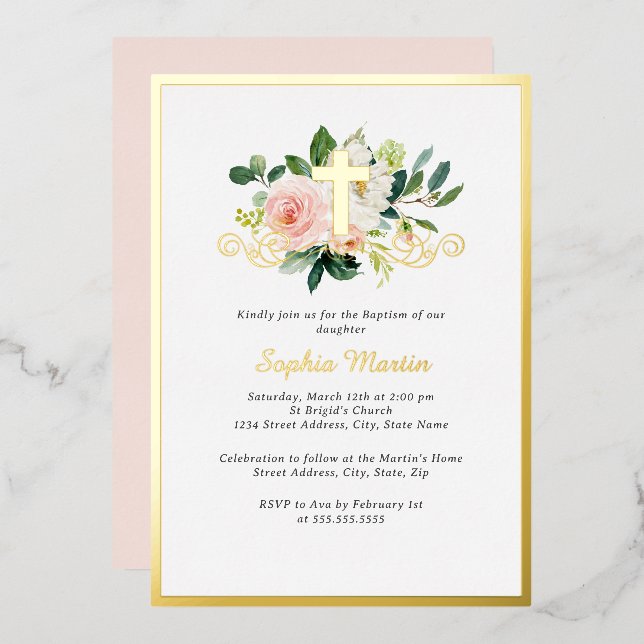 Shiny Gold Cross Pink Floral Baptism Foil Invitation (Front/Back)