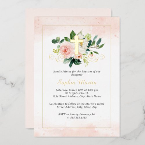 Shiny Gold Cross Pretty Floral Baptism Foil Invitation