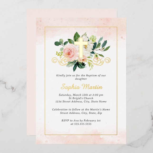Shiny Gold Cross Pretty Floral Baptism Foil Invitation (Front/Back)