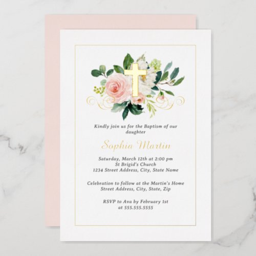 Shiny Gold Cross Pretty Pink Floral Baptism Foil Invitation