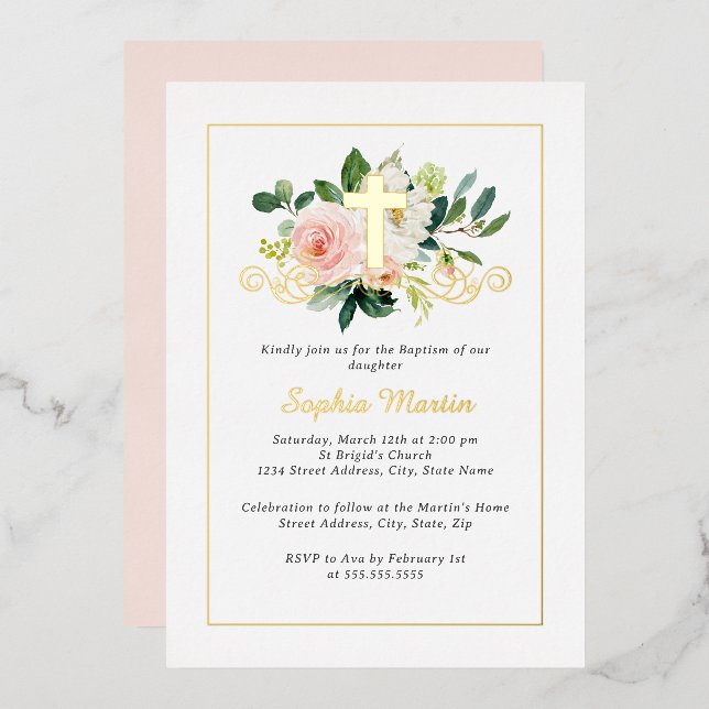Shiny Gold Cross Pretty Pink Floral Baptism Foil Invitation (Front/Back)