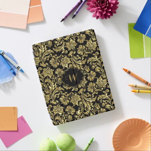 Shiny gold damasks over black background iPad smart cover