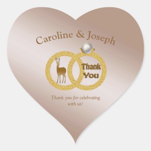 Shiny Gold Deer in a Wedding Pearl Ring Thank You Heart Sticker