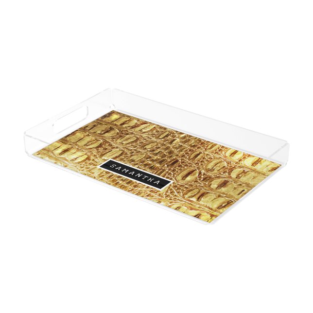 Shiny Gold Designer Alligator Crocodile Skin Acrylic Tray (Angled)