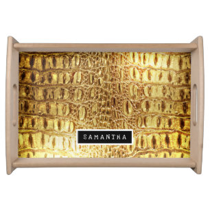 Shiny Gold Designer Alligator Crocodile Skin Serving Tray