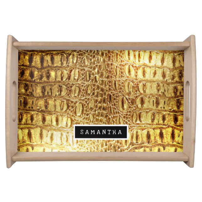 Shiny Gold Designer Alligator Crocodile Skin Serving Tray (Front)