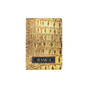 Shiny Gold Designer Crocodile Skin Personalized Passport Holder