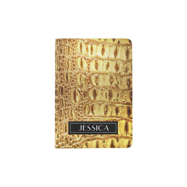 Shiny Gold Designer Crocodile Skin Personalized Passport Holder (Front)