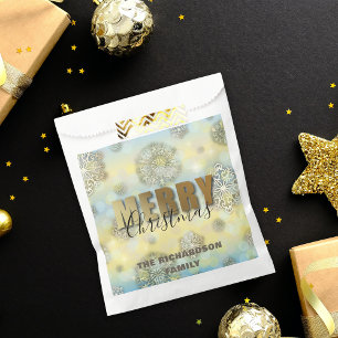 Shiny Gold Filigree Snowflakes Merry Christmas  Favor Bag