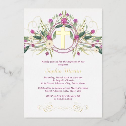 Shiny Gold Floral Cross Baptism Foil Invitation