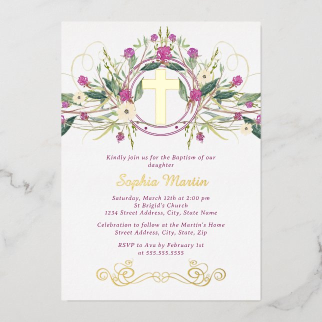 Shiny Gold Floral Cross Baptism Foil Invitation (Front)