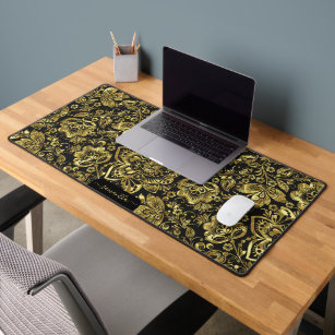 Shiny gold floral damasks on black custom monogram desk mat