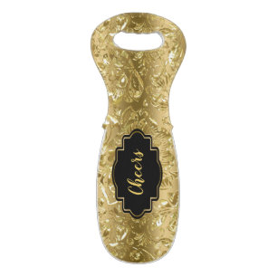 Shiny gold foil vintage damasks pattern wine bag