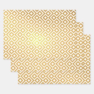 Shiny Gold Foil White Geometric Diamond Pattern Foil Wrapping Paper Sheets