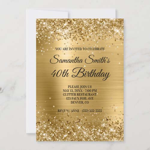 Shiny Gold Glitter Brushed Foil Monogram Birthday Invitation