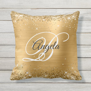 Shiny Gold Glitter Foil Fancy Monogram Outdoor Pillow
