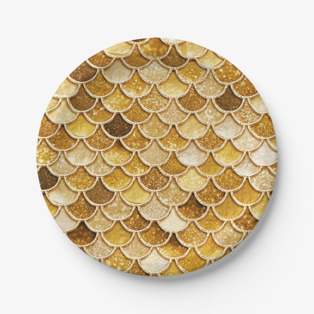 Shiny Gold Glitter Mermaid Scales Paper Plates (Front)