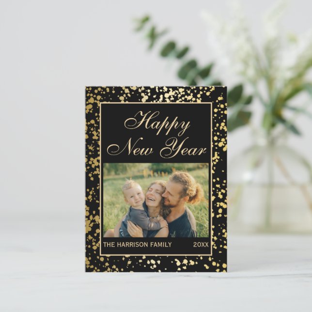 Shiny Gold Glitter New Year Photo Black Postcard (Standing Front)