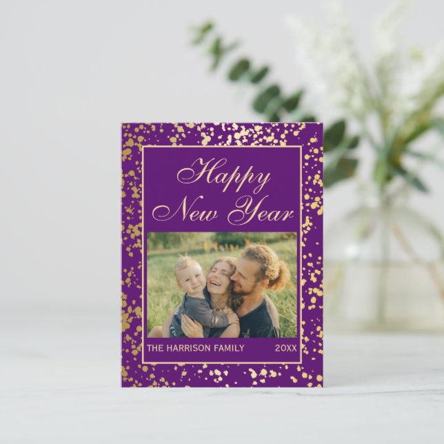 Shiny Gold Glitter New Year Photo Purple Postcard (Standing Front)