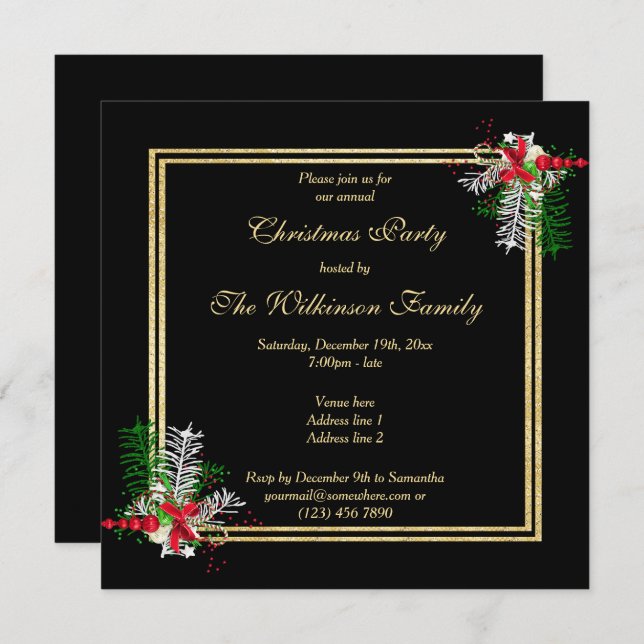 Shiny Gold Glitters & Corner Decorations Christmas Invitation (Front/Back)