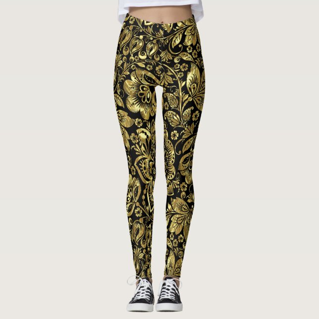 Shiny Gold On Black Floral Damasks Pattern Leggings (Front)