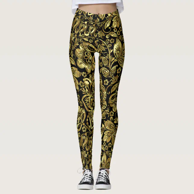 Gold Glitter Floral Pattern Print Women Leggings