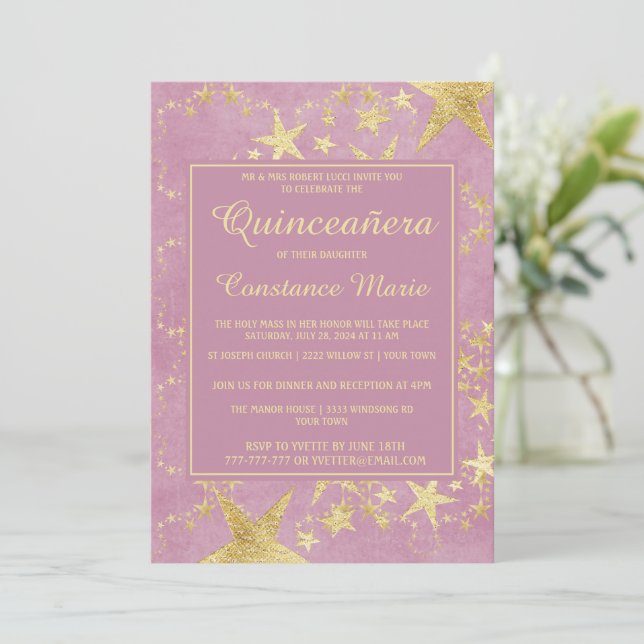 Shiny Gold on Pink Quinceanera Invitation (Standing Front)