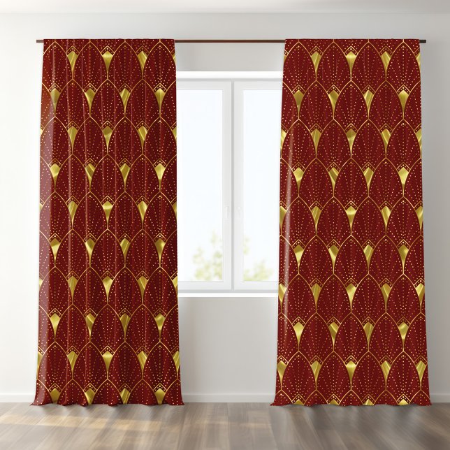 Shiny Gold On Red Art Deco Pattern Sheer Curtains (Creator Uploaded)
