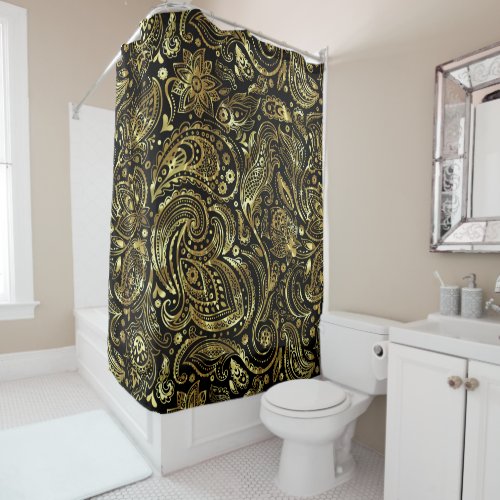 Shiny gold paisley on a black background shower curtain