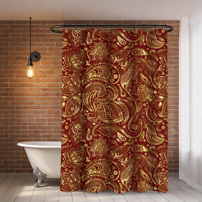 Shiny gold paisley on a dark red background shower curtain (Creator Uploaded)