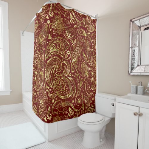 Shiny gold paisley on a dark red background shower curtain