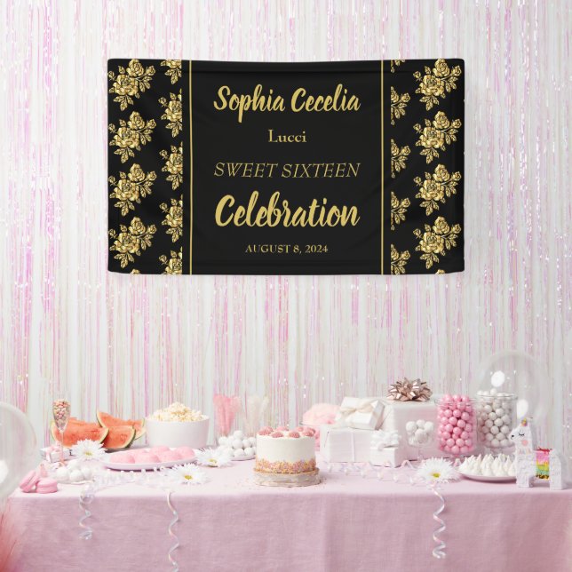 Shiny Gold Roses Party Banner (Party)